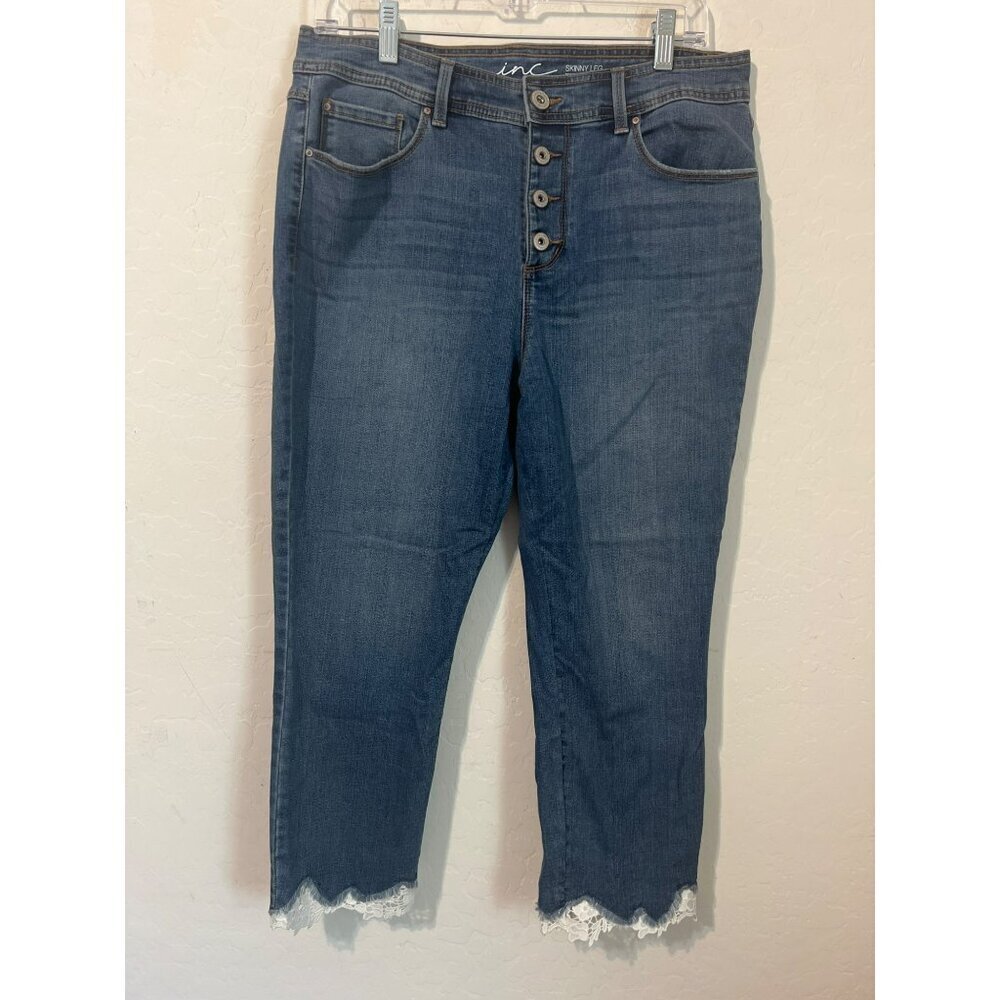 Inc Skinny Leg Regular Fit Jean Lace Hem inset Sz 14P Medium Wash Button Fly boh